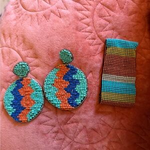 Hand-Beaded Multicolor Drop Earrings and Cuff Bracelet Set